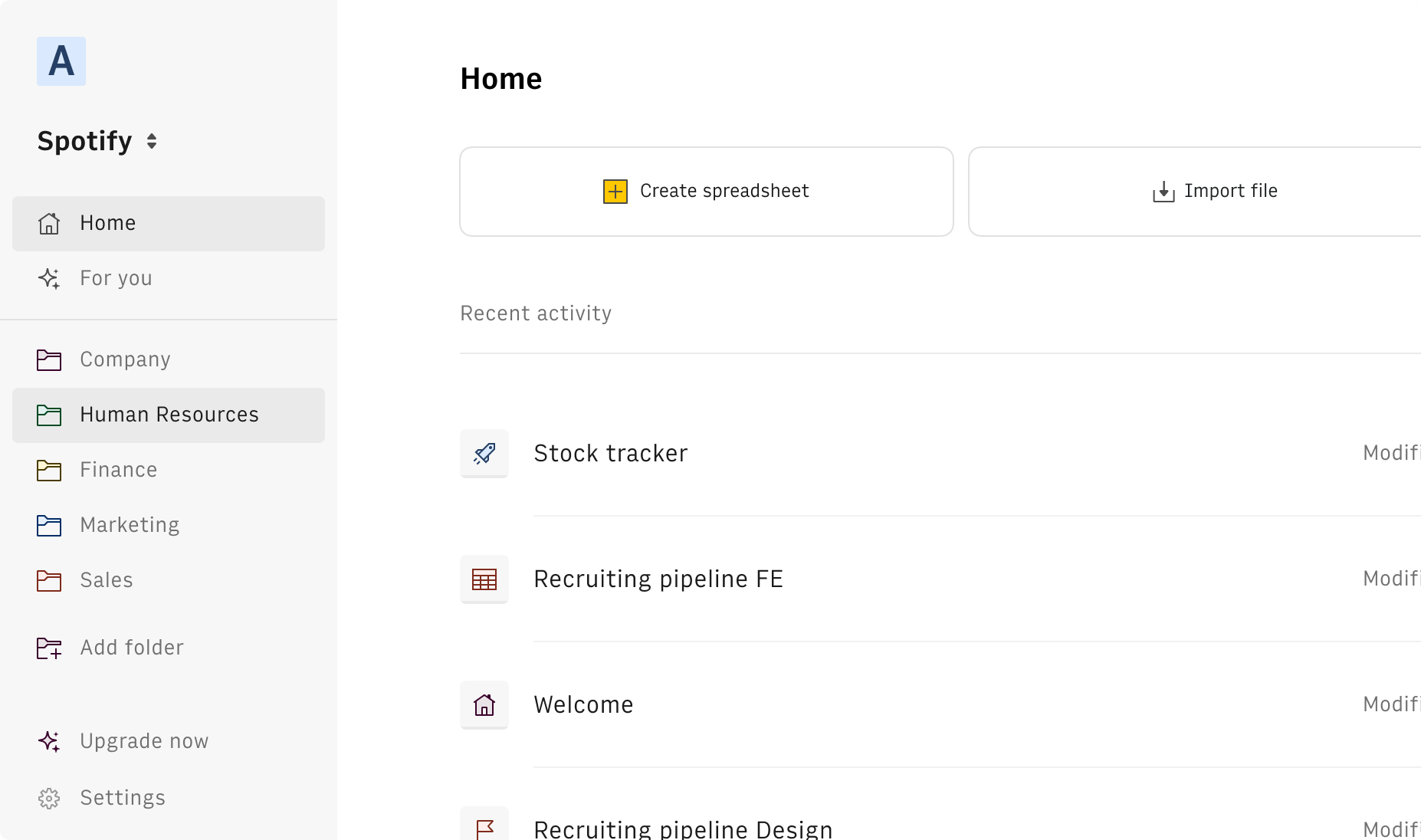 Organize your spreadsheets into folders and manage permissions.